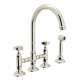 Deck Mount C-Spout 3 Leg Bridge Kitchen Faucet With Sidespray And Five Spoke Handles Sidespray In Polished Nickel