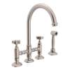 Deck Mount C-Spout 3 Leg Bridge Kitchen Faucet With Sidespray And Five Spoke Handles Sidespray In Satin Nickel