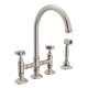 Deck Mount C-Spout 3 Leg Bridge Kitchen Faucet With Sidespray And Five Spoke Handles Sidespray In Satin Nickel