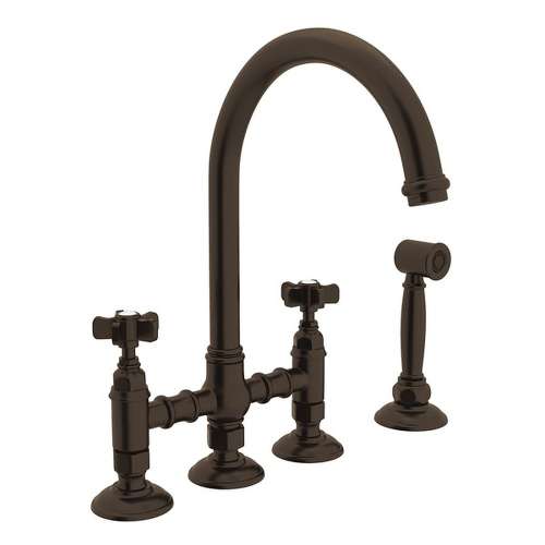 Deck Mount C-Spout 3 Leg Bridge Kitchen Faucet With Sidespray And Five Spoke Handles Sidespray In Tuscan Brass