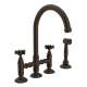Deck Mount C-Spout 3 Leg Bridge Kitchen Faucet With Sidespray And Five Spoke Handles Sidespray In Tuscan Brass