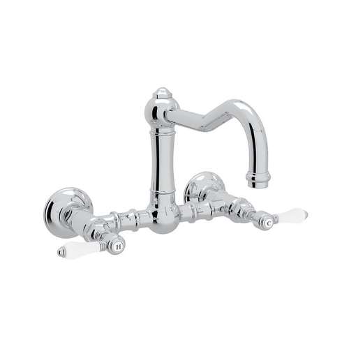 Wall Mount Column Spout Bridge Kitchen Faucet With Porcelain Lever Handle In Polished Chrome