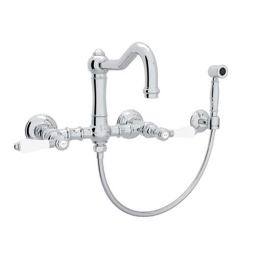 Wall Mount Column Spout Bridge Kitchen Faucet With Sidespray And Porcelain Lever Handle