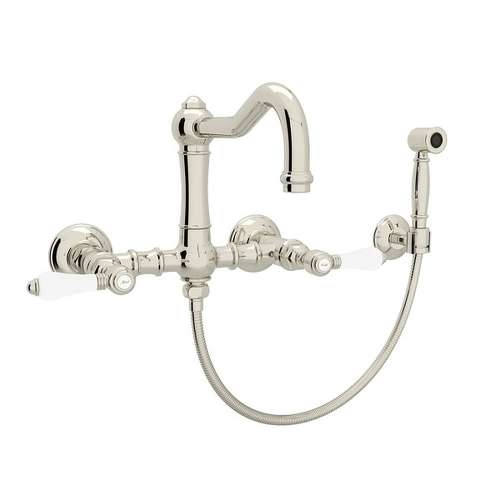 Wall Mount Column Spout Bridge Kitchen Faucet With Sidespray And Porcelain Lever Handle In Polished Nickel