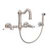 Wall Mount Column Spout Bridge Kitchen Faucet With Sidespray And Porcelain Lever Handle In Satin Nickel