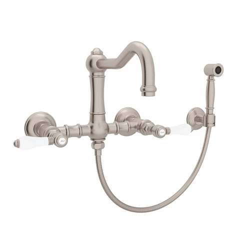 Wall Mount Column Spout Bridge Kitchen Faucet With Sidespray And Porcelain Lever Handle In Satin Nickel