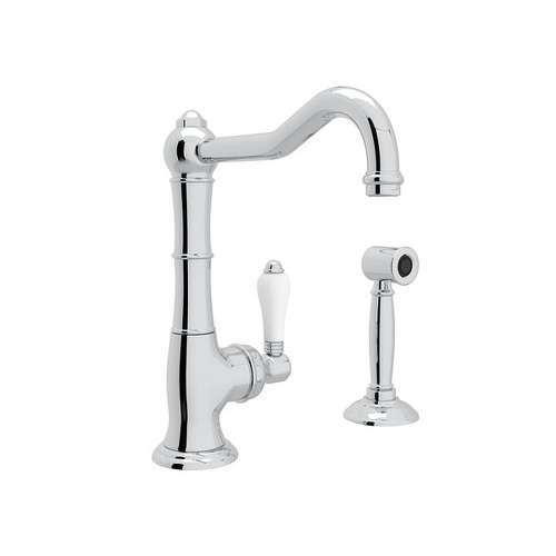 Single Hole Column Spout Bar/Food Prep Faucet With Sidespray With Porcelain Lever Handle In Polished Chrome