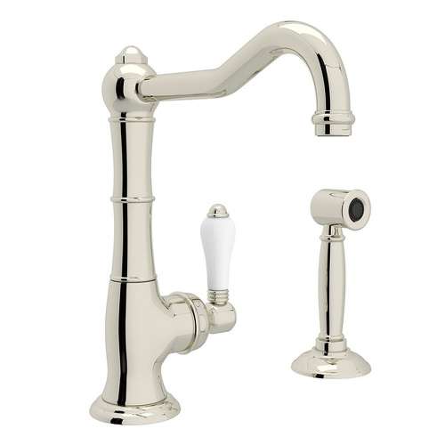 Single Hole Column Spout Bar/Food Prep Faucet With Sidespray With Porcelain Lever Handle In Polished Nickel