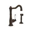 Single Hole Column Spout Bar/Food Prep Faucet With Sidespray With Porcelain Lever Handle In Tuscan Brass
