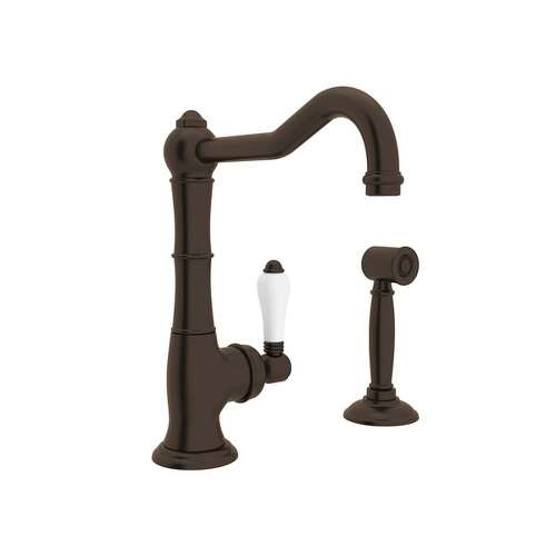 Single Hole Column Spout Bar/Food Prep Faucet With Sidespray With Porcelain Lever Handle In Tuscan Brass