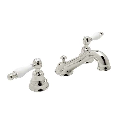 C-Spout Widespread Lavatory Faucet with Ornate White Porcelain Lever in Polished Nickel