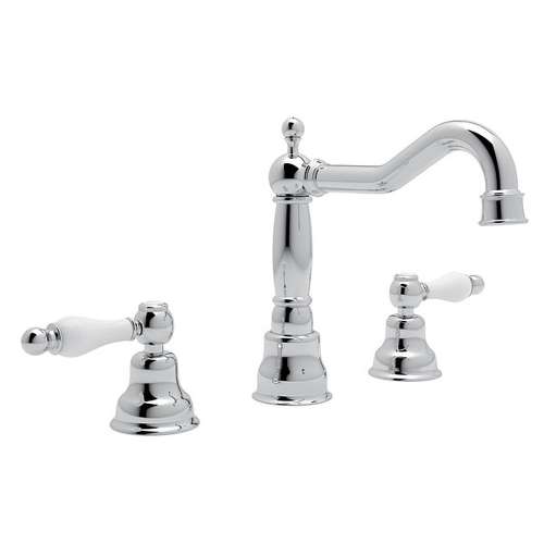 Column Spout Widespread Lavatory Faucet Ornate White Porcelain Levers Pop-Up and 7-1/8