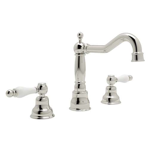 Column Spout Widespread Lavatory Faucet Ornate White Porcelain Levers Pop-Up and 7-1/8