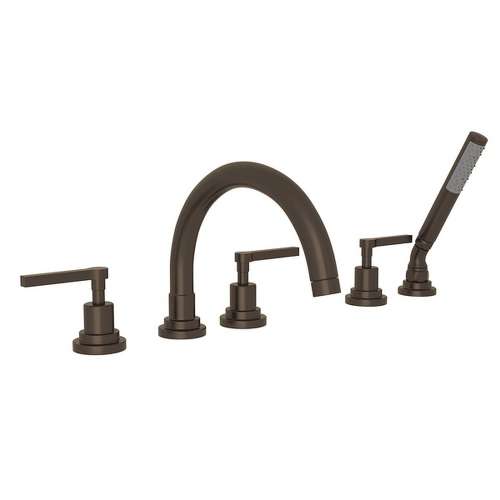 5-Hole Deck Mount Tub Filler with Metal Lever C-Spout in Tuscan Brass