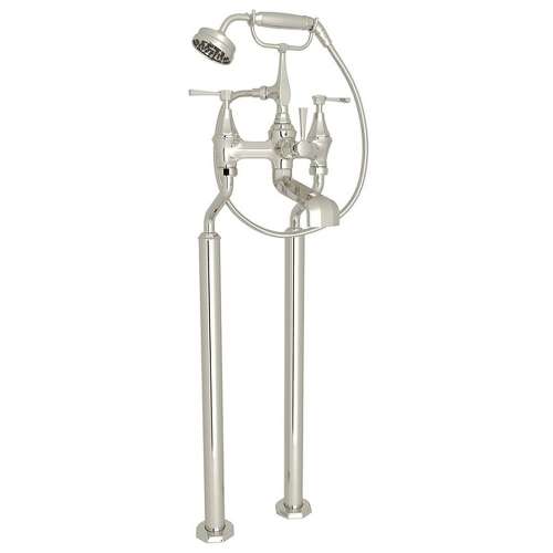 Exposed Floor Mount Tub Filler with Metal Lever Handshower in Polished Nickel