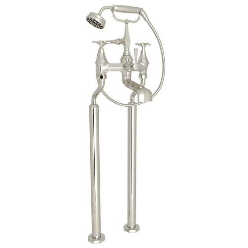 Exposed Wall Mount Tub Filler with Cross Handle Handshower in Polished Nickel