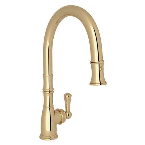 Georgian Era Traditional Pulldown Kitchen Faucet With Metal Lever Handle In Unlacquered Brass