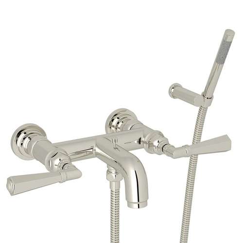 Wall Mount Exposed Tub Set with Metal Lever Handles and Handshower in Polished Nickel