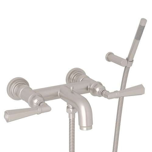 Wall Mount Exposed Tub Set with Metal Lever Handles and Handshower in Satin Nickel