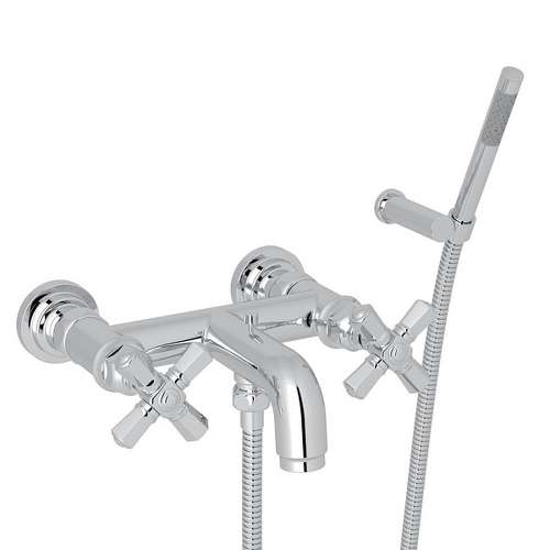 Wall Mount Exposed Tub Set with Cross Handle Handshower in Polished Chrome