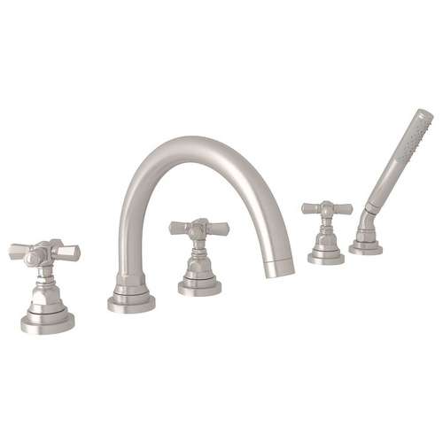 5-Hole Deck Mount Tub Filler with Cross Handle in Satin Nickel