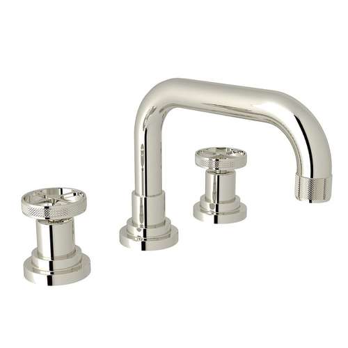 U-Spout Widespread Lavatory Faucet with Metal Campo Wheel in Polished Nickel