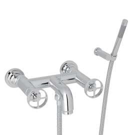 Wall Mount Exposed Tub Filler with Metal Campo Wheel Handles and Handshower