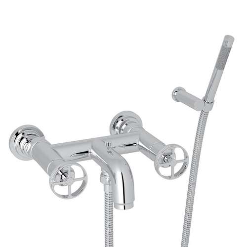 Wall Mount Exposed Tub Filler with Metal Campo Wheel Handles and Handshower in Polished Chrome