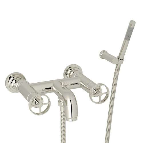Wall Mount Exposed Tub Filler with Metal Campo Wheel Handles and Handshower in Polished Nickel