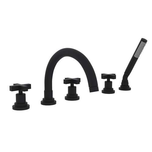 5-Hole Deck Mount Tub Filler with Cross Handle C-Spout in Matte Black