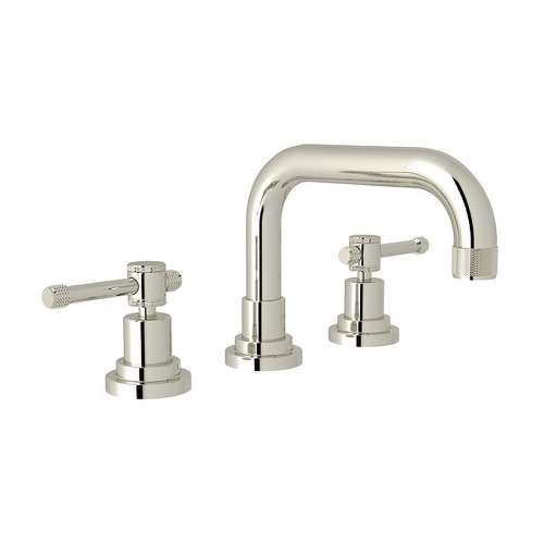 U-Spout Widespread Lavatory Faucet Industrial Metal Levers and Pop-Up in Polished Nickel