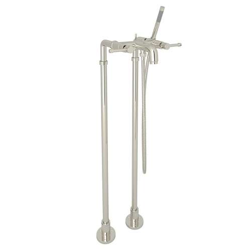 Exposed Floor Mount Tub Filler with Industrial Metal Levers Handshower and Floor Pillar Legs or Supply Unions in Polished Nickel