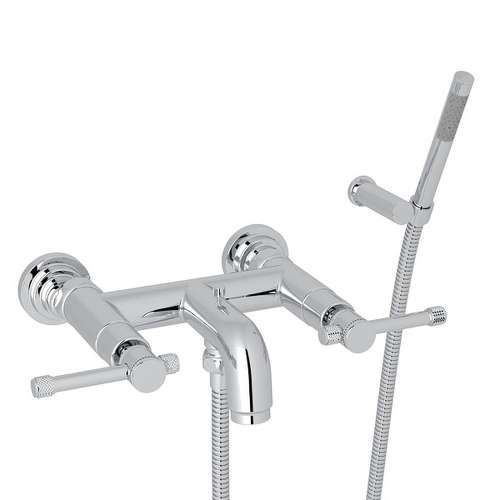 Wall Mount Exposed Tub Filler with Industrial Metal Levers Handshower in Polished Chrome