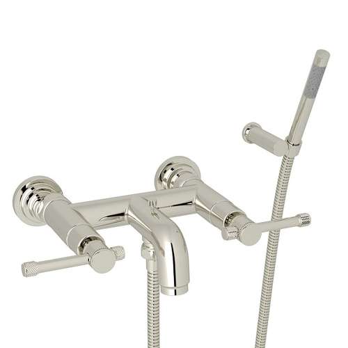 Wall Mount Exposed Tub Filler with Industrial Metal Levers Handshower in Polished Nickel