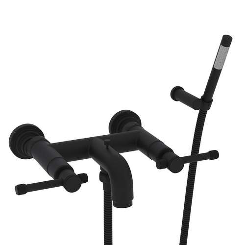 Wall Mount Exposed Tub Filler with Industrial Metal Levers Handshower in Matte Black