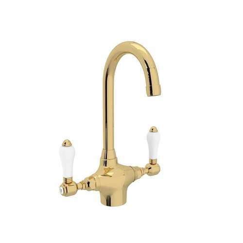 C-Spout Bar/Food Prep Faucet With Porcelain Lever Handle In Unlacquered Brass