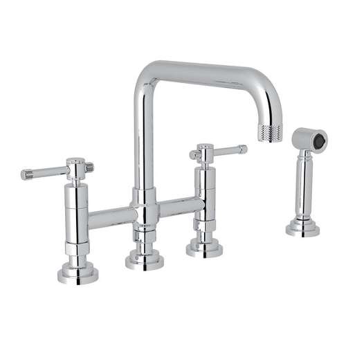 Deck Mount U-Spout 3 Leg Bridge Kitchen Faucet With Sidespray With Industrial Metal Lever Handle