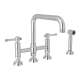 Deck Mount U-Spout 3 Leg Bridge Kitchen Faucet With Sidespray With Industrial Metal Lever Handle In Polished Chrome