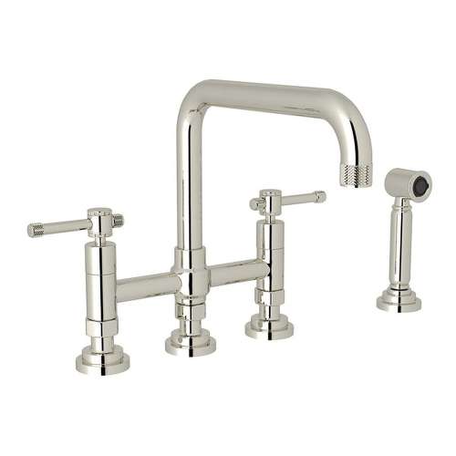 Deck Mount U-Spout 3 Leg Bridge Kitchen Faucet With Sidespray With Industrial Metal Lever Handle In Polished Nickel