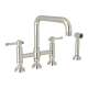 Deck Mount U-Spout 3 Leg Bridge Kitchen Faucet With Sidespray With Industrial Metal Lever Handle In Polished Nickel