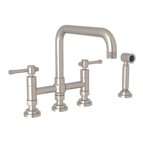 Deck Mount U-Spout 3 Leg Bridge Kitchen Faucet With Sidespray With Industrial Metal Lever Handle In Satin Nickel