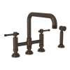 Deck Mount U-Spout 3 Leg Bridge Kitchen Faucet With Sidespray With Industrial Metal Lever Handle In Tuscan Brass