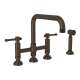 Deck Mount U-Spout 3 Leg Bridge Kitchen Faucet With Sidespray With Industrial Metal Lever Handle In Tuscan Brass