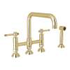 Deck Mount U-Spout 3 Leg Bridge Kitchen Faucet With Sidespray With Industrial Metal Lever Handle In Unlacquered Brass