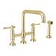Deck Mount U-Spout 3 Leg Bridge Kitchen Faucet With Sidespray With Industrial Metal Lever Handle In Unlacquered Brass