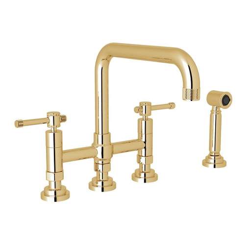 Deck Mount U-Spout 3 Leg Bridge Kitchen Faucet With Sidespray With Industrial Metal Lever Handle In Italian Brass