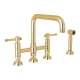 Deck Mount U-Spout 3 Leg Bridge Kitchen Faucet With Sidespray With Industrial Metal Lever Handle In Italian Brass