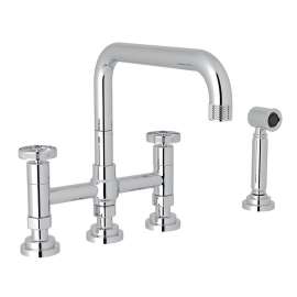 Deck Mount U-Spout 3 Leg Bridge Kitchen Faucet With Sidespray With Industrial Metal Wheel Handle