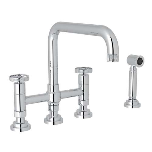 Deck Mount U-Spout 3 Leg Bridge Kitchen Faucet With Sidespray With Industrial Metal Wheel Handle In Polished Chrome