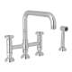 Deck Mount U-Spout 3 Leg Bridge Kitchen Faucet With Sidespray With Industrial Metal Wheel Handle In Polished Chrome